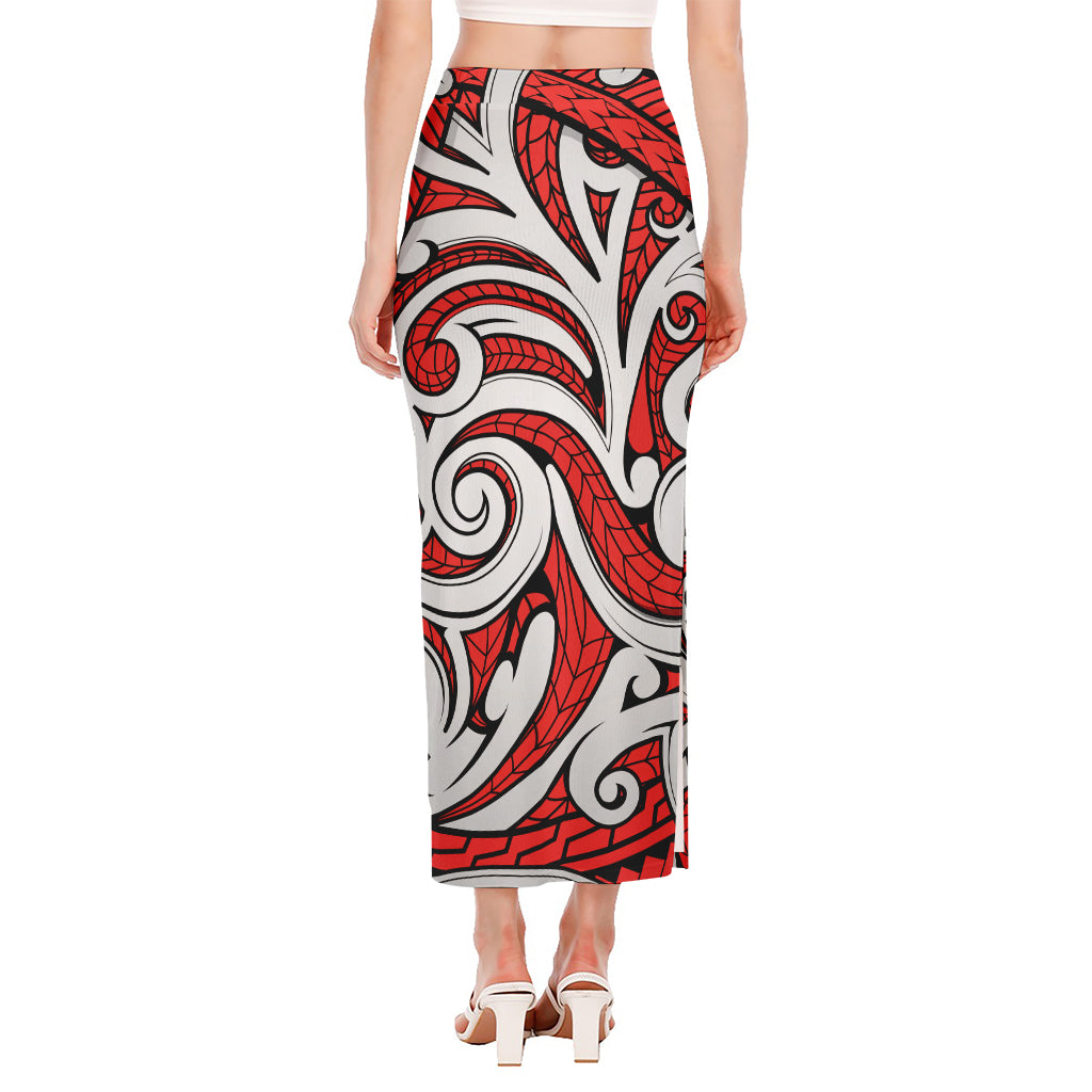 Maori Kowhaiwhai Tribal Polynesian Print Side Slit Maxi Skirt