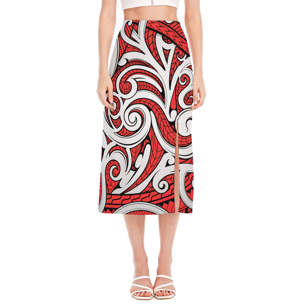 Maori Kowhaiwhai Tribal Polynesian Print Side Slit Midi Skirt