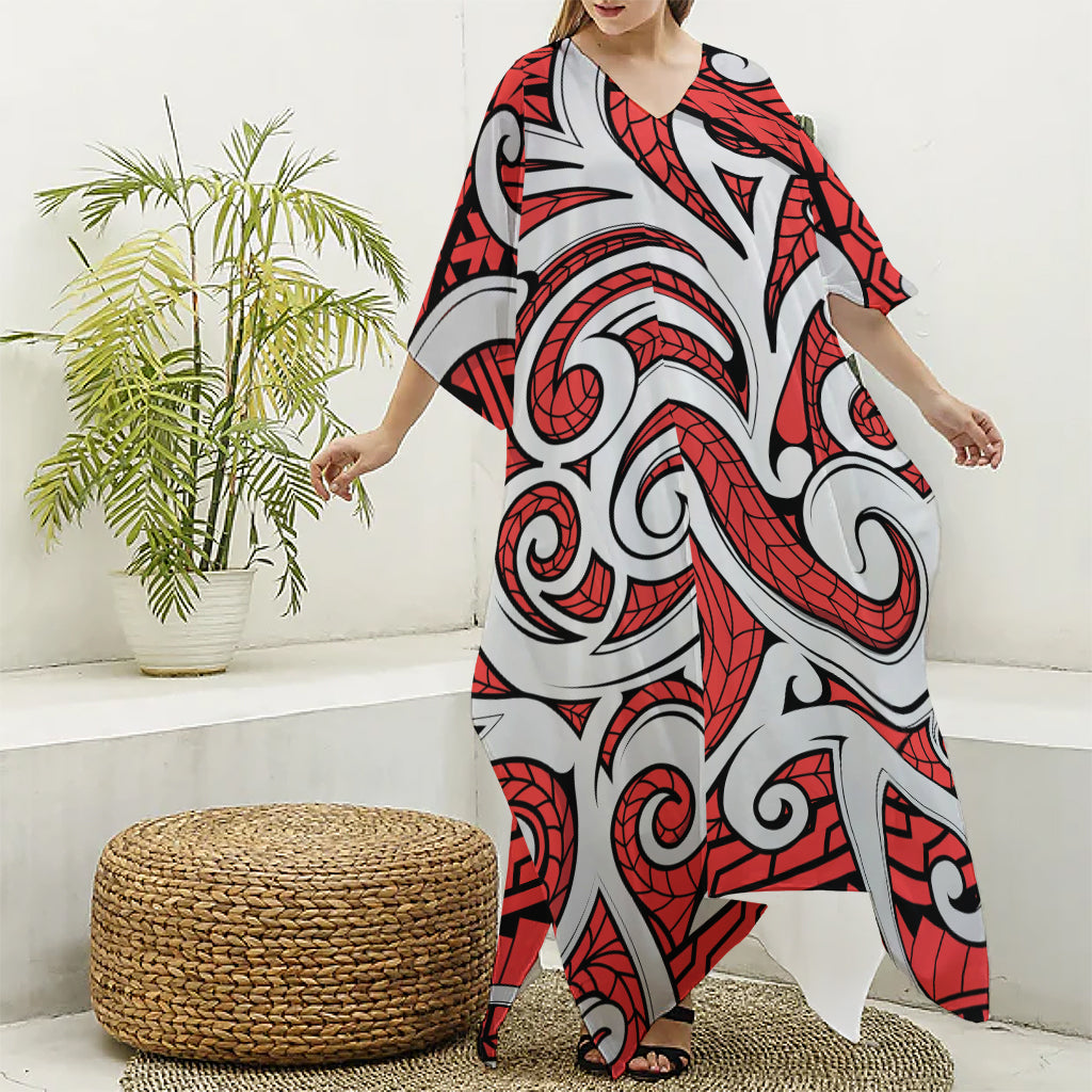 Maori Kowhaiwhai Tribal Polynesian Print Silk V-Neck Kaftan Dress