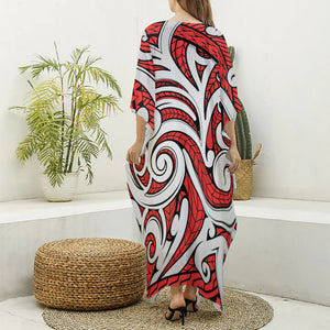 Maori Kowhaiwhai Tribal Polynesian Print Silk V-Neck Kaftan Dress