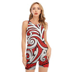 Maori Kowhaiwhai Tribal Polynesian Print Sleeveless One Piece Swimsuit