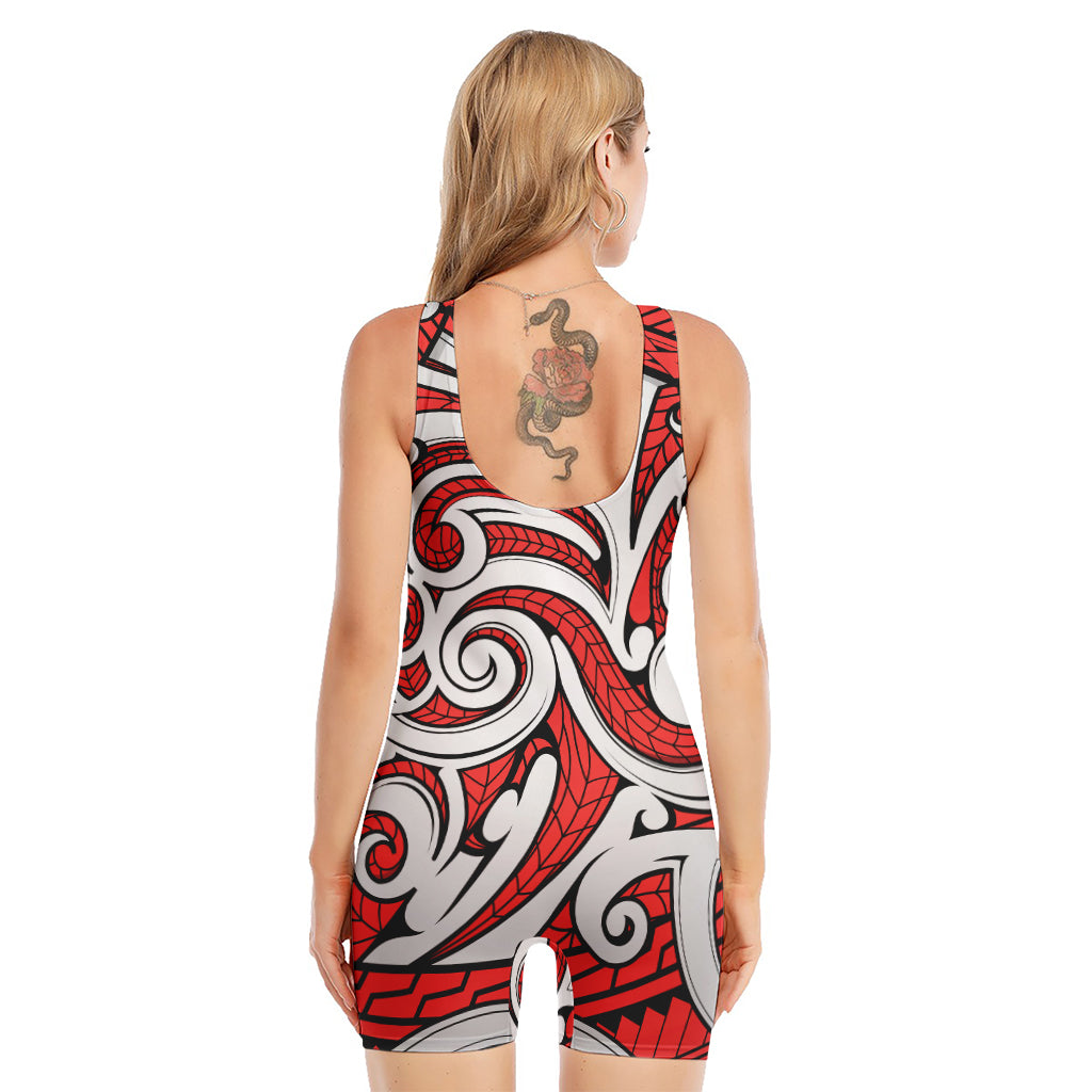 Maori Kowhaiwhai Tribal Polynesian Print Sleeveless One Piece Swimsuit