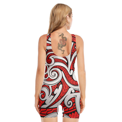 Maori Kowhaiwhai Tribal Polynesian Print Sleeveless One Piece Swimsuit