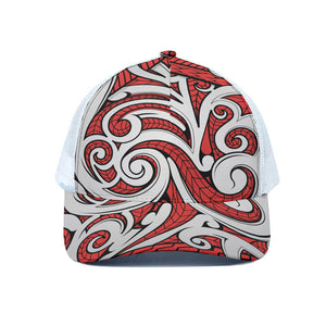 Maori Kowhaiwhai Tribal Polynesian Print White Mesh Trucker Cap