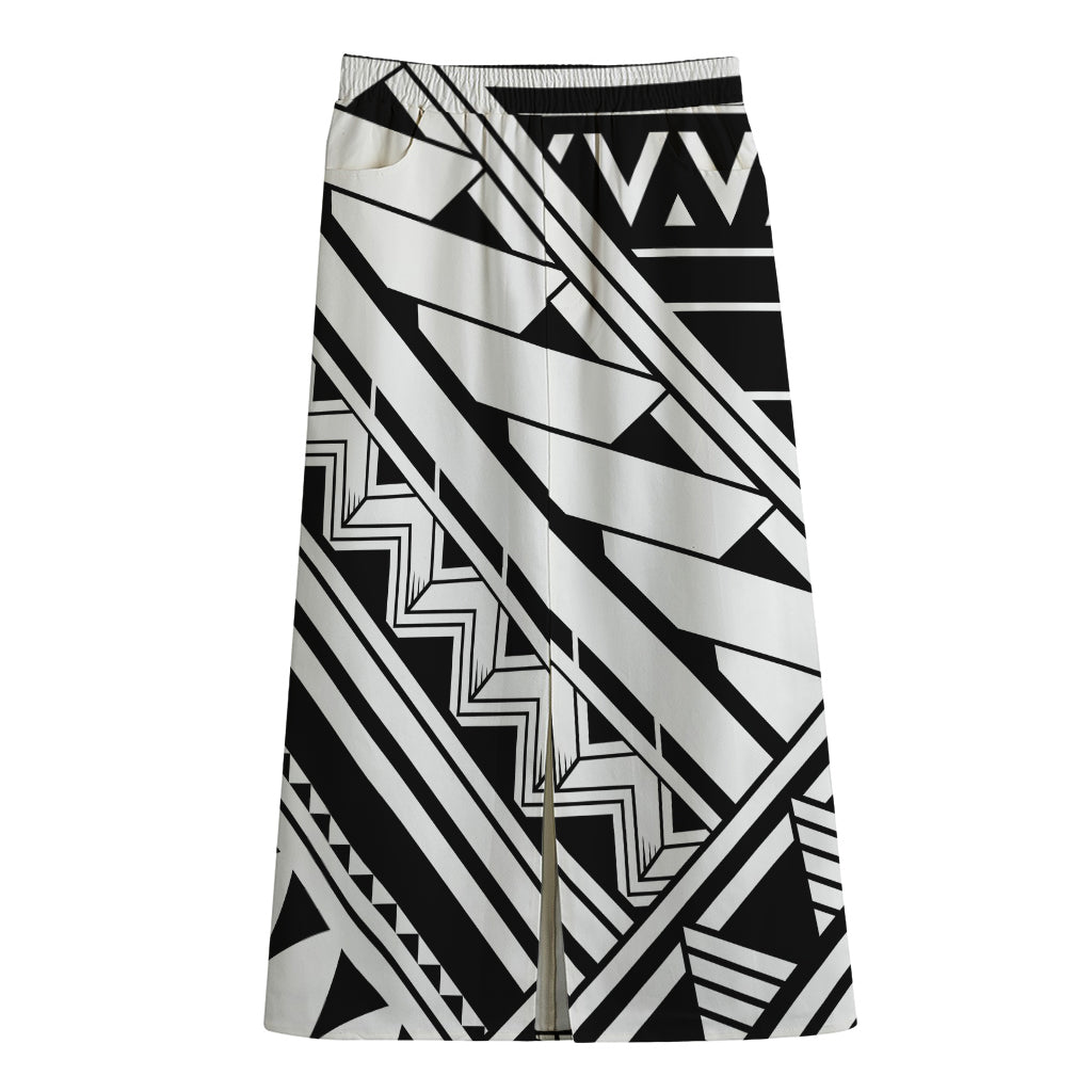 Maori Polynesian Tattoo Pattern Print Cotton Front Slit Maxi Skirt