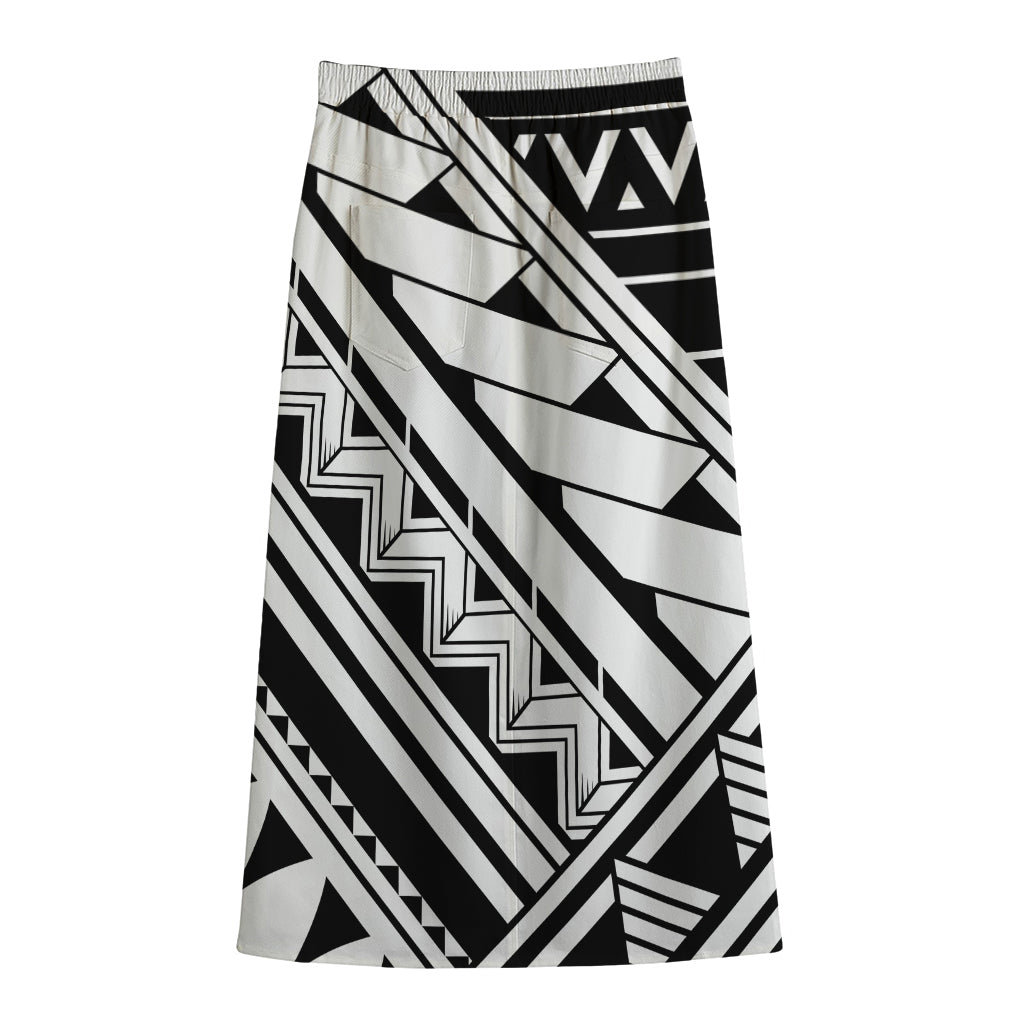 Maori Polynesian Tattoo Pattern Print Cotton Front Slit Maxi Skirt