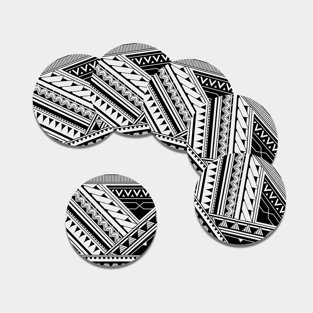 Maori Polynesian Tattoo Pattern Print Leather Coaster Set