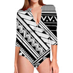 Maori Polynesian Tattoo Pattern Print Long Sleeve Swimsuit