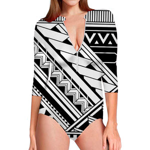 Maori Polynesian Tattoo Pattern Print Long Sleeve Swimsuit