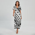 Maori Polynesian Tattoo Pattern Print Short Sleeve Maxi Dress