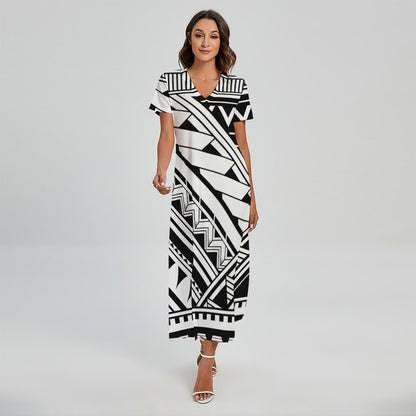 Maori Polynesian Tattoo Pattern Print Short Sleeve Maxi Dress