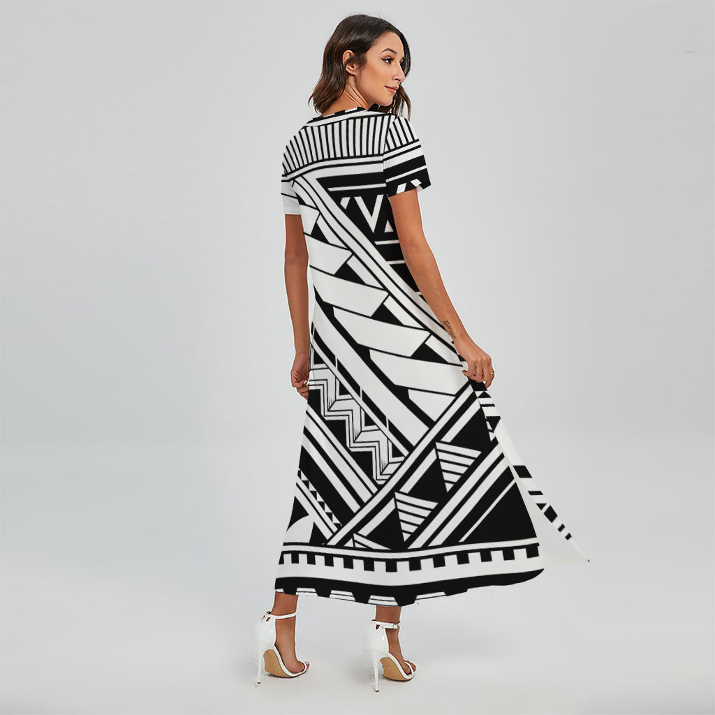 Maori Polynesian Tattoo Pattern Print Short Sleeve Maxi Dress