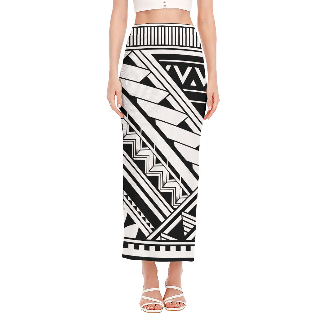 Maori Polynesian Tattoo Pattern Print Side Slit Maxi Skirt