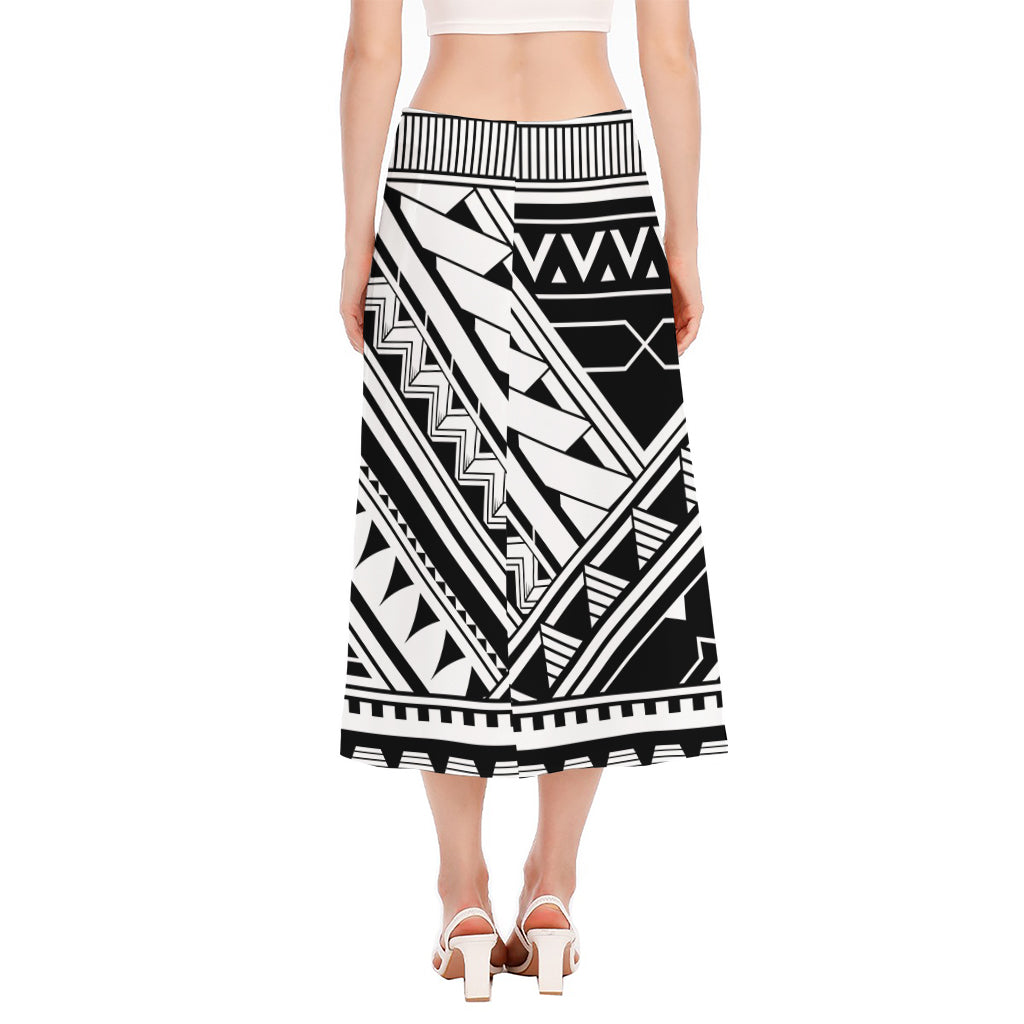 Maori Polynesian Tattoo Pattern Print Side Slit Midi Skirt