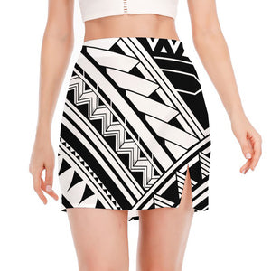 Maori Polynesian Tattoo Pattern Print Side Slit Mini Skirt