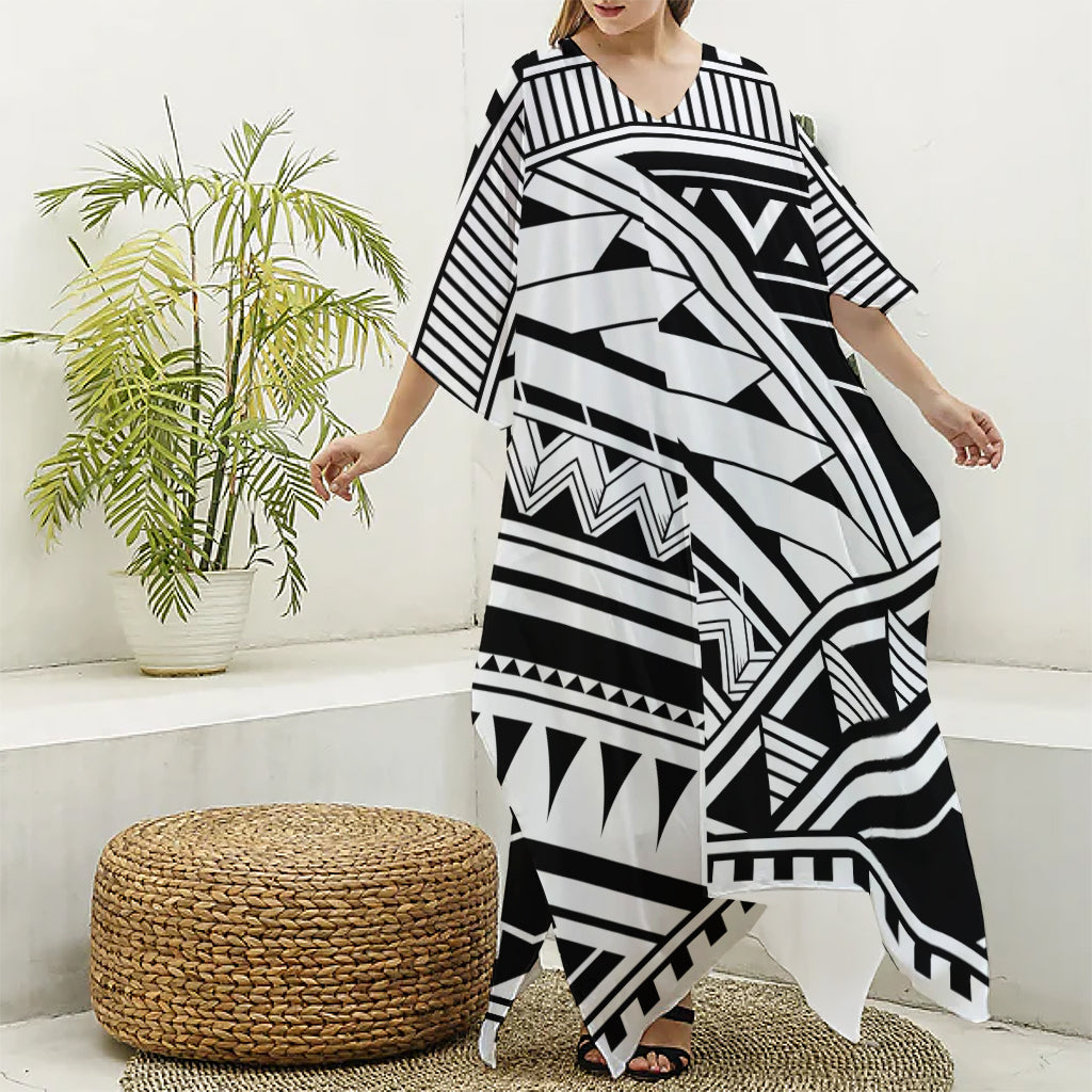 Maori Polynesian Tattoo Pattern Print Silk V-Neck Kaftan Dress