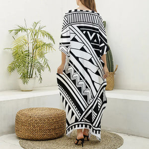 Maori Polynesian Tattoo Pattern Print Silk V-Neck Kaftan Dress