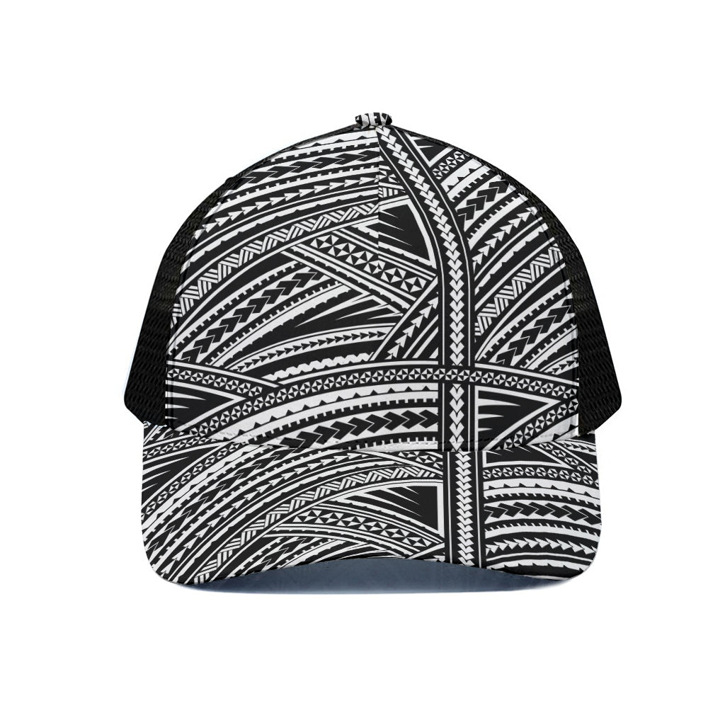 Maori Polynesian Tribal Tattoo Print Black Mesh Trucker Cap