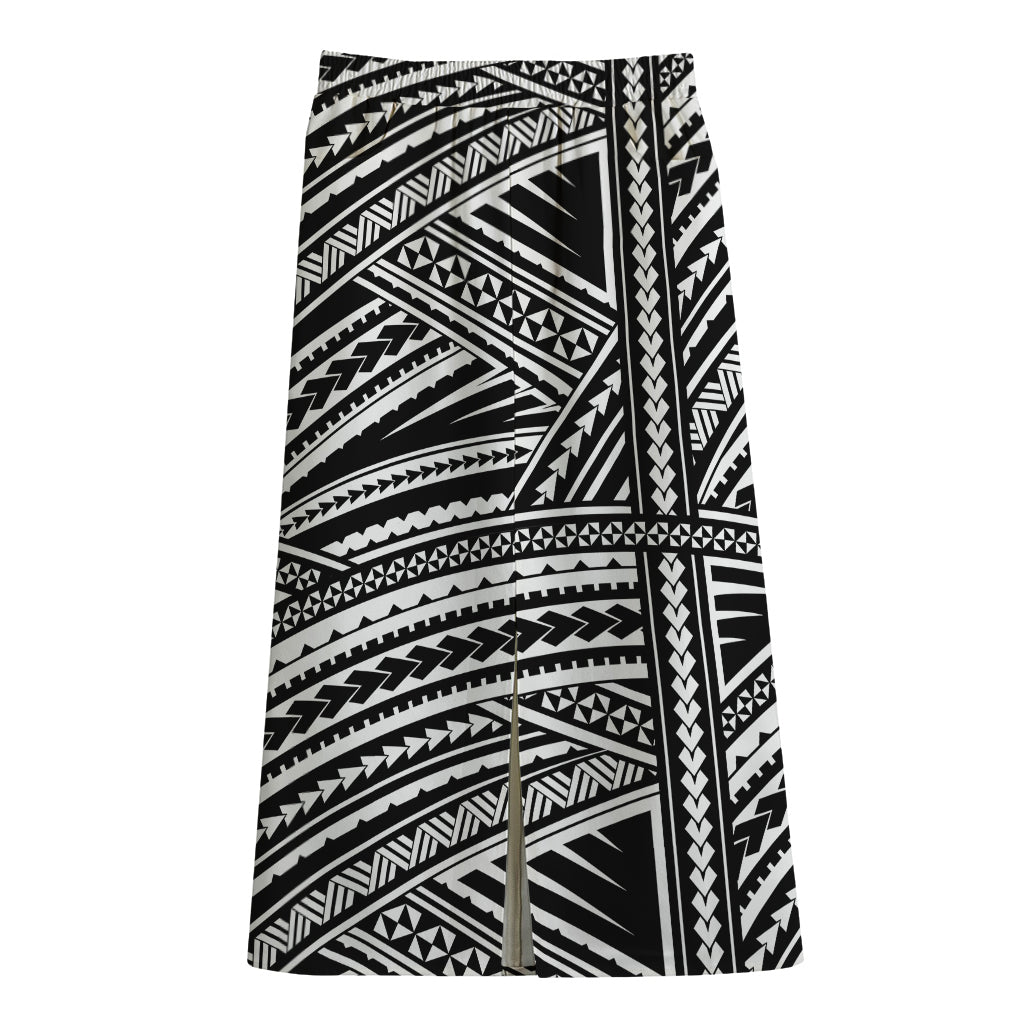 Maori Polynesian Tribal Tattoo Print Cotton Front Slit Maxi Skirt