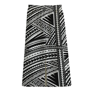 Maori Polynesian Tribal Tattoo Print Cotton Front Slit Maxi Skirt