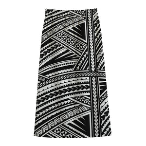 Maori Polynesian Tribal Tattoo Print Cotton Front Slit Maxi Skirt