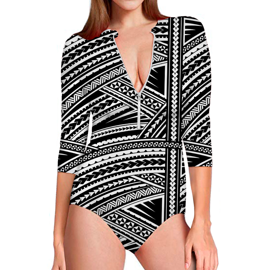 Maori Polynesian Tribal Tattoo Print Long Sleeve Swimsuit