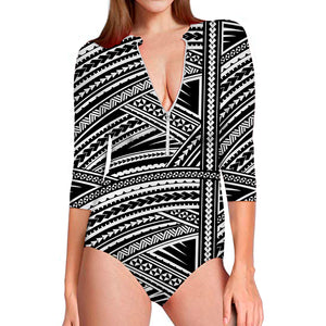 Maori Polynesian Tribal Tattoo Print Long Sleeve Swimsuit