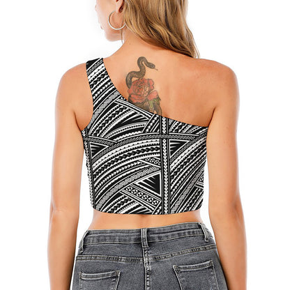 Maori Polynesian Tribal Tattoo Print One Shoulder Crop Top