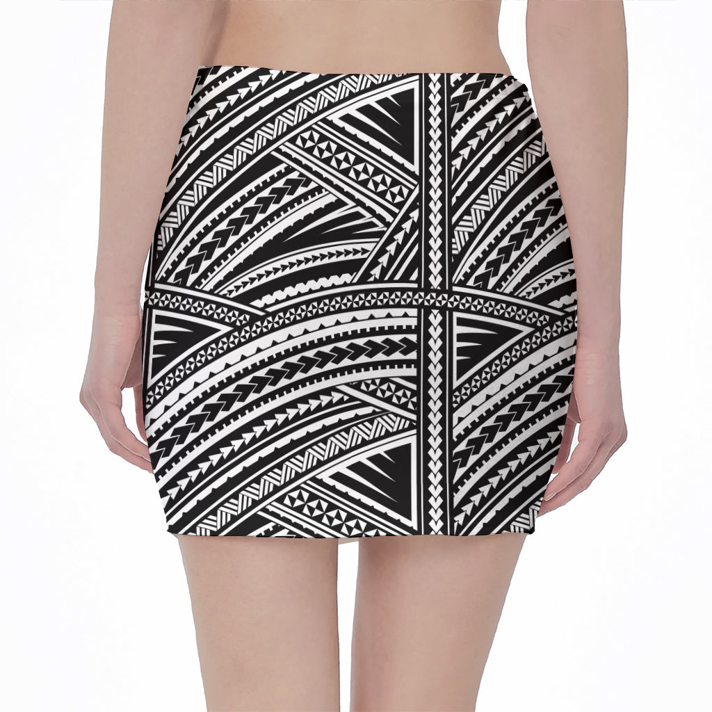 Maori Polynesian Tribal Tattoo Print Pencil Mini Skirt