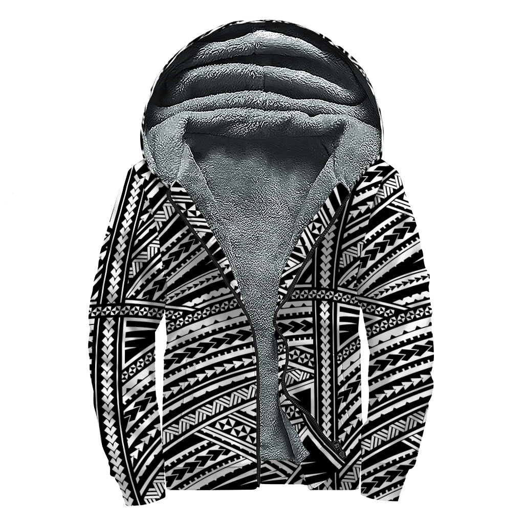 Maori Polynesian Tribal Tattoo Print Sherpa Lined Zip Up Hoodie