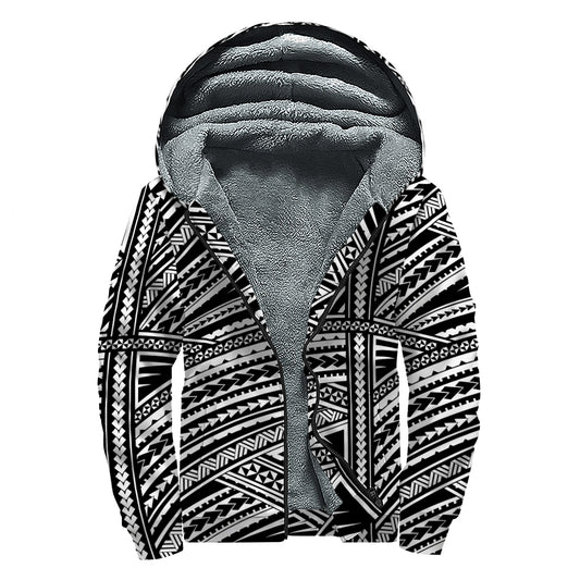 Maori Polynesian Tribal Tattoo Print Sherpa Lined Zip Up Hoodie
