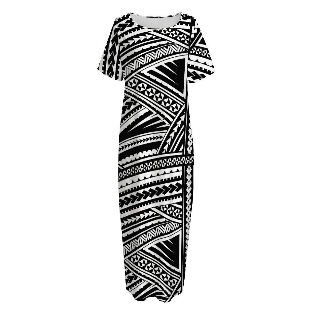 Maori Polynesian Tribal Tattoo Print Short Sleeve Long Nightdress