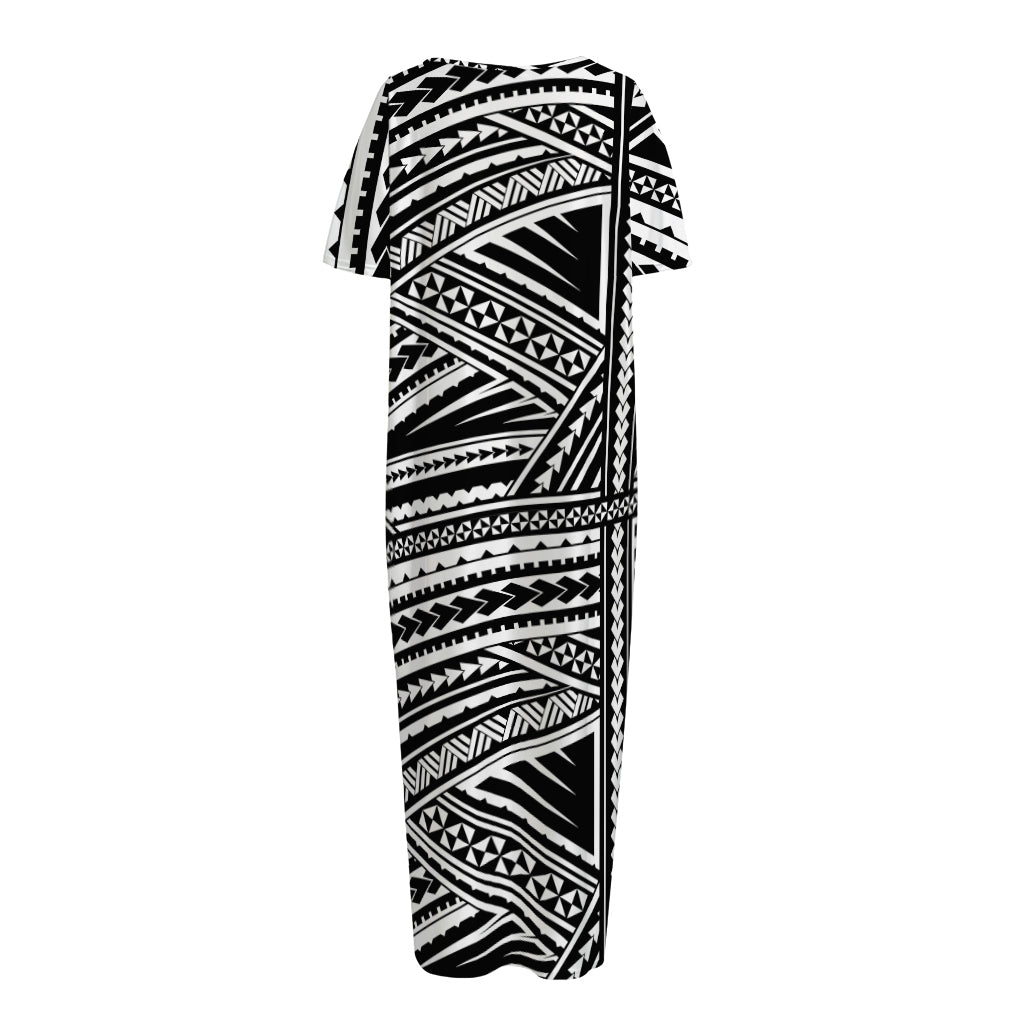 Maori Polynesian Tribal Tattoo Print Short Sleeve Long Nightdress