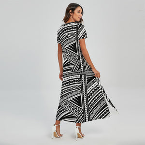 Maori Polynesian Tribal Tattoo Print Short Sleeve Maxi Dress