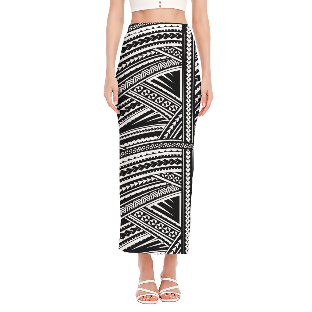 Maori Polynesian Tribal Tattoo Print Side Slit Maxi Skirt