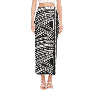 Maori Polynesian Tribal Tattoo Print Side Slit Maxi Skirt