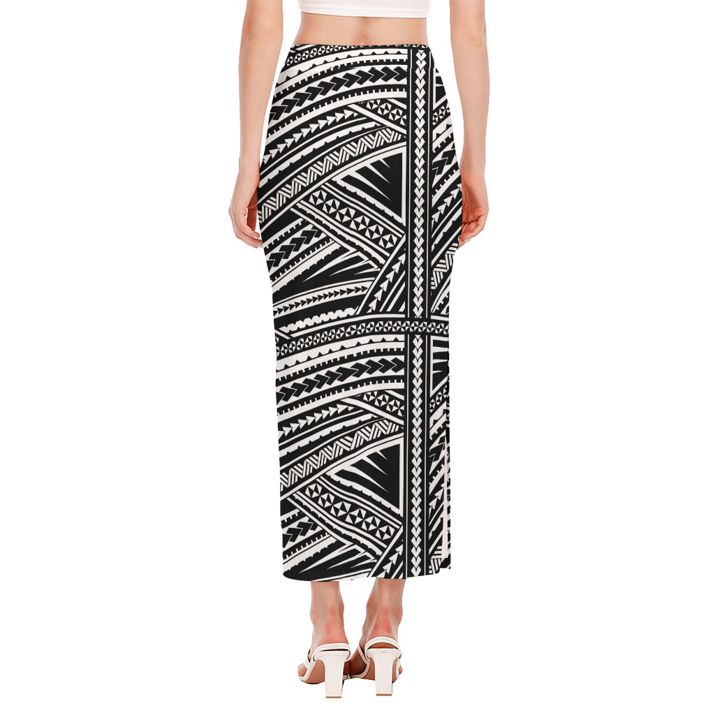 Maori Polynesian Tribal Tattoo Print Side Slit Maxi Skirt