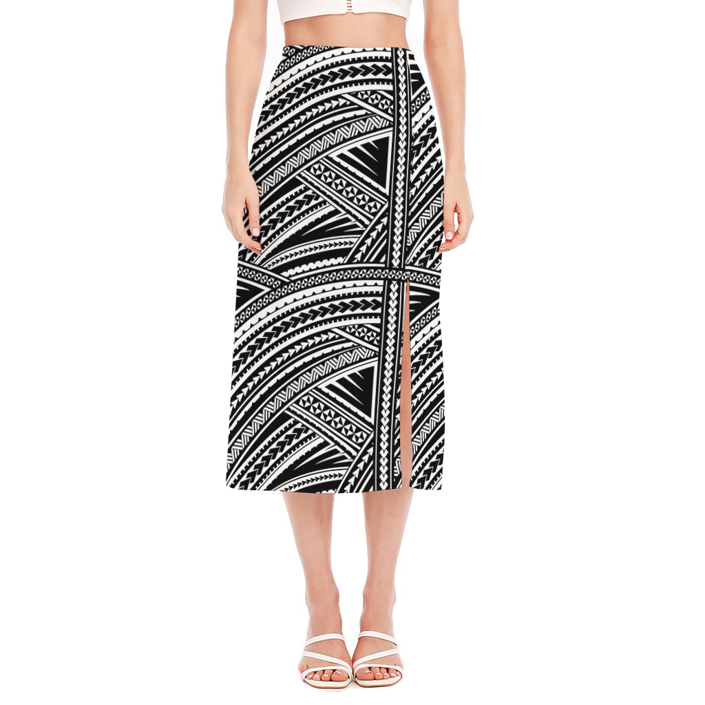 Maori Polynesian Tribal Tattoo Print Side Slit Midi Skirt