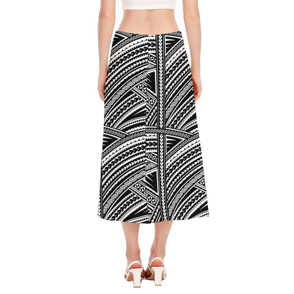 Maori Polynesian Tribal Tattoo Print Side Slit Midi Skirt