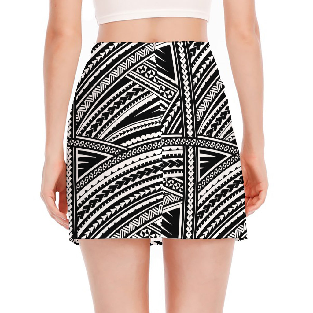 Maori Polynesian Tribal Tattoo Print Side Slit Mini Skirt