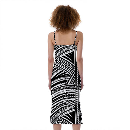 Maori Polynesian Tribal Tattoo Print Slim Fit Midi Cami Dress