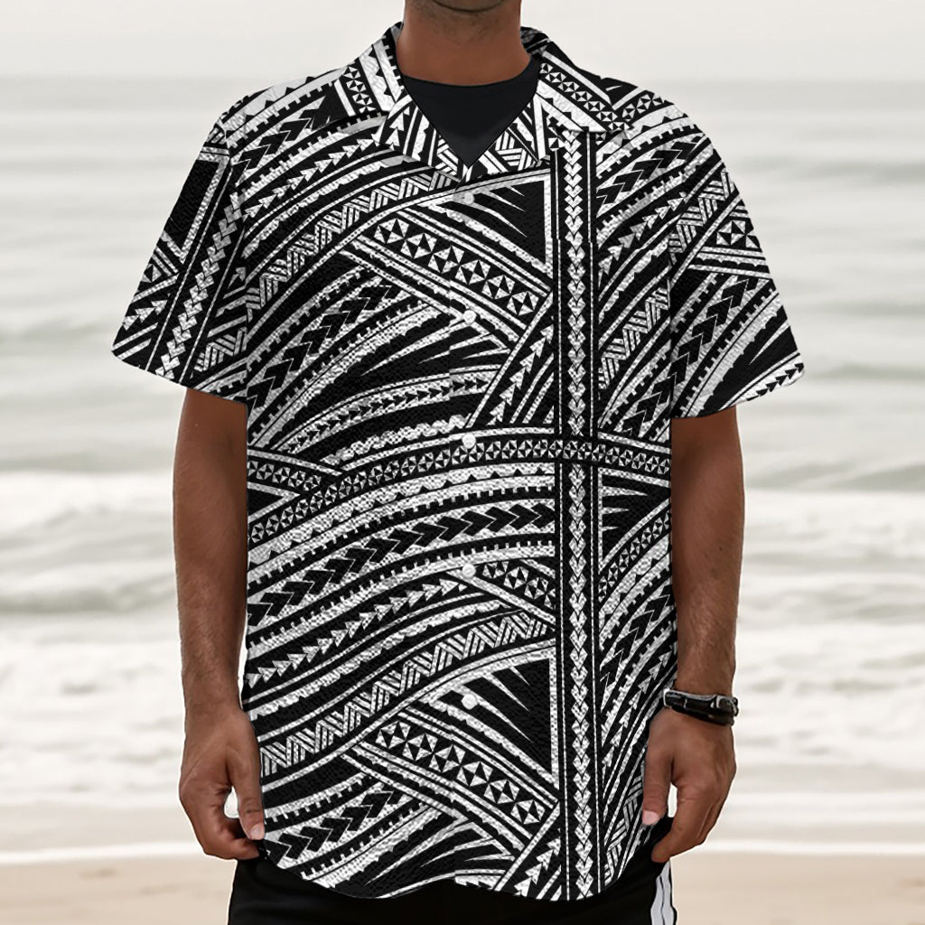 Maori Polynesian Tribal Tattoo Print Textured Short Sleeve Shirt