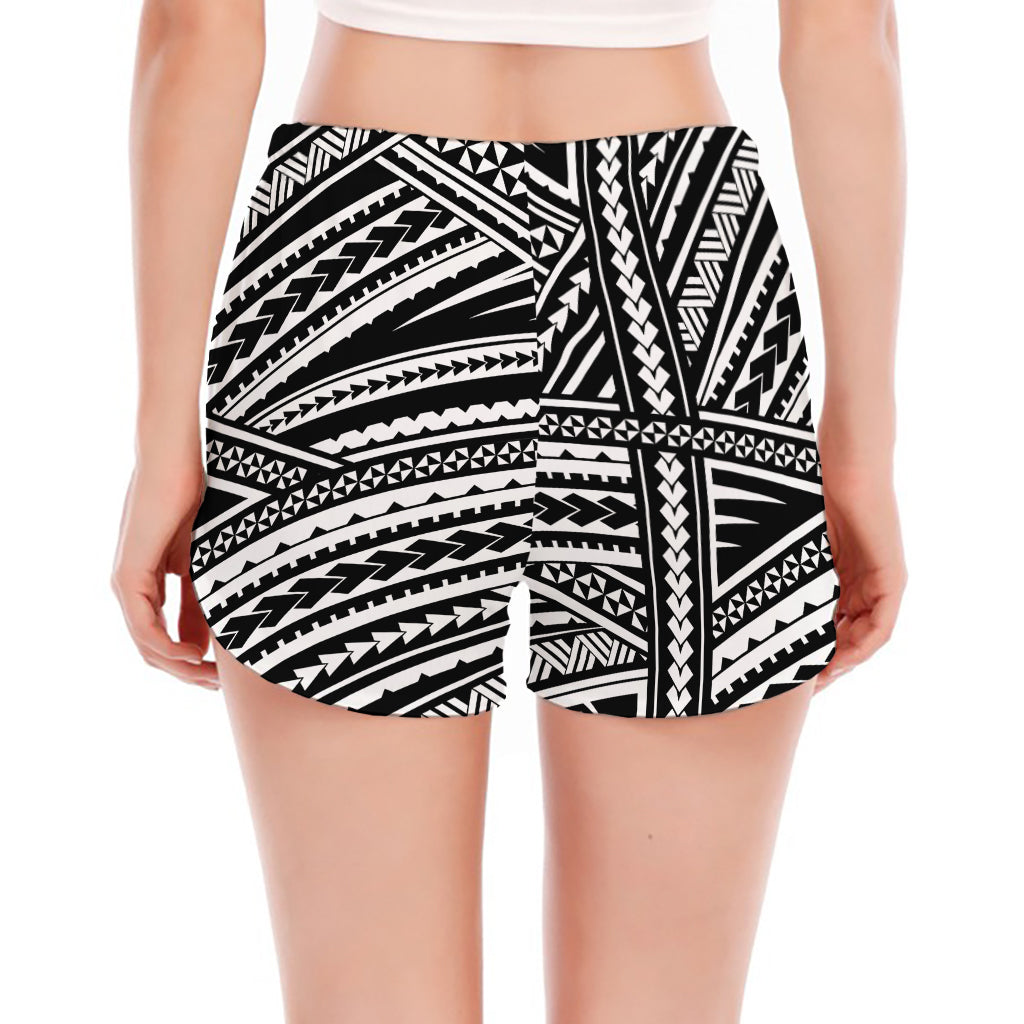 Maori Polynesian Tribal Tattoo Print Women's Split Running Shorts