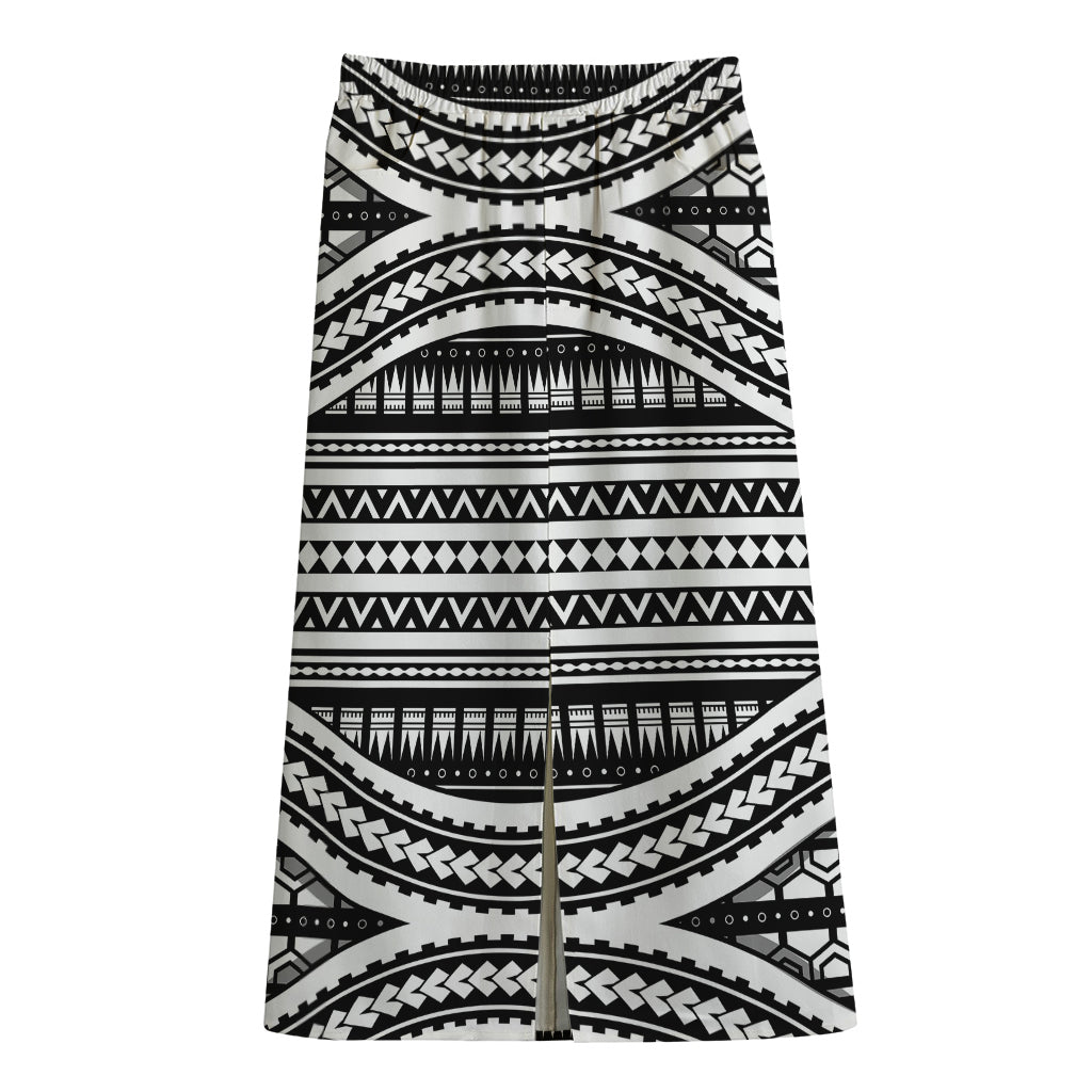 Maori Tattoo Polynesian Tribal Print Cotton Front Slit Maxi Skirt