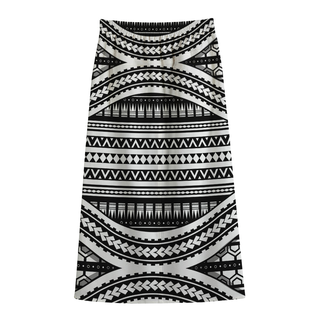 Maori Tattoo Polynesian Tribal Print Cotton Front Slit Maxi Skirt