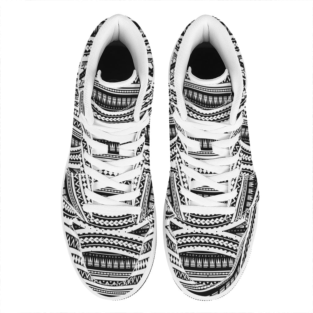 Maori Tattoo Polynesian Tribal Print High Top Leather Sneakers