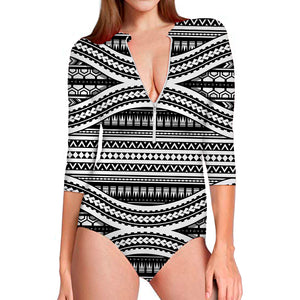 Maori Tattoo Polynesian Tribal Print Long Sleeve Swimsuit