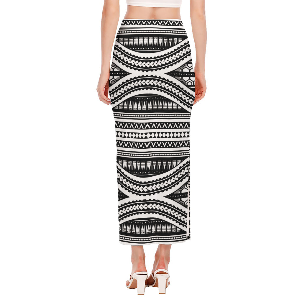 Maori Tattoo Polynesian Tribal Print Side Slit Maxi Skirt