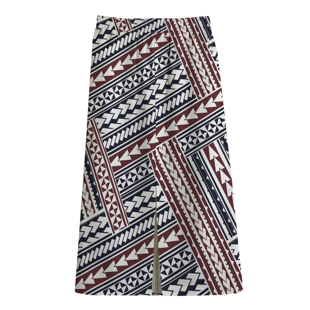 Maori Tribal Pattern Print Cotton Front Slit Maxi Skirt