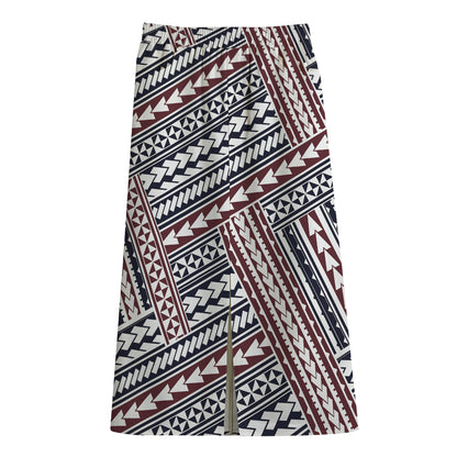 Maori Tribal Pattern Print Cotton Front Slit Maxi Skirt